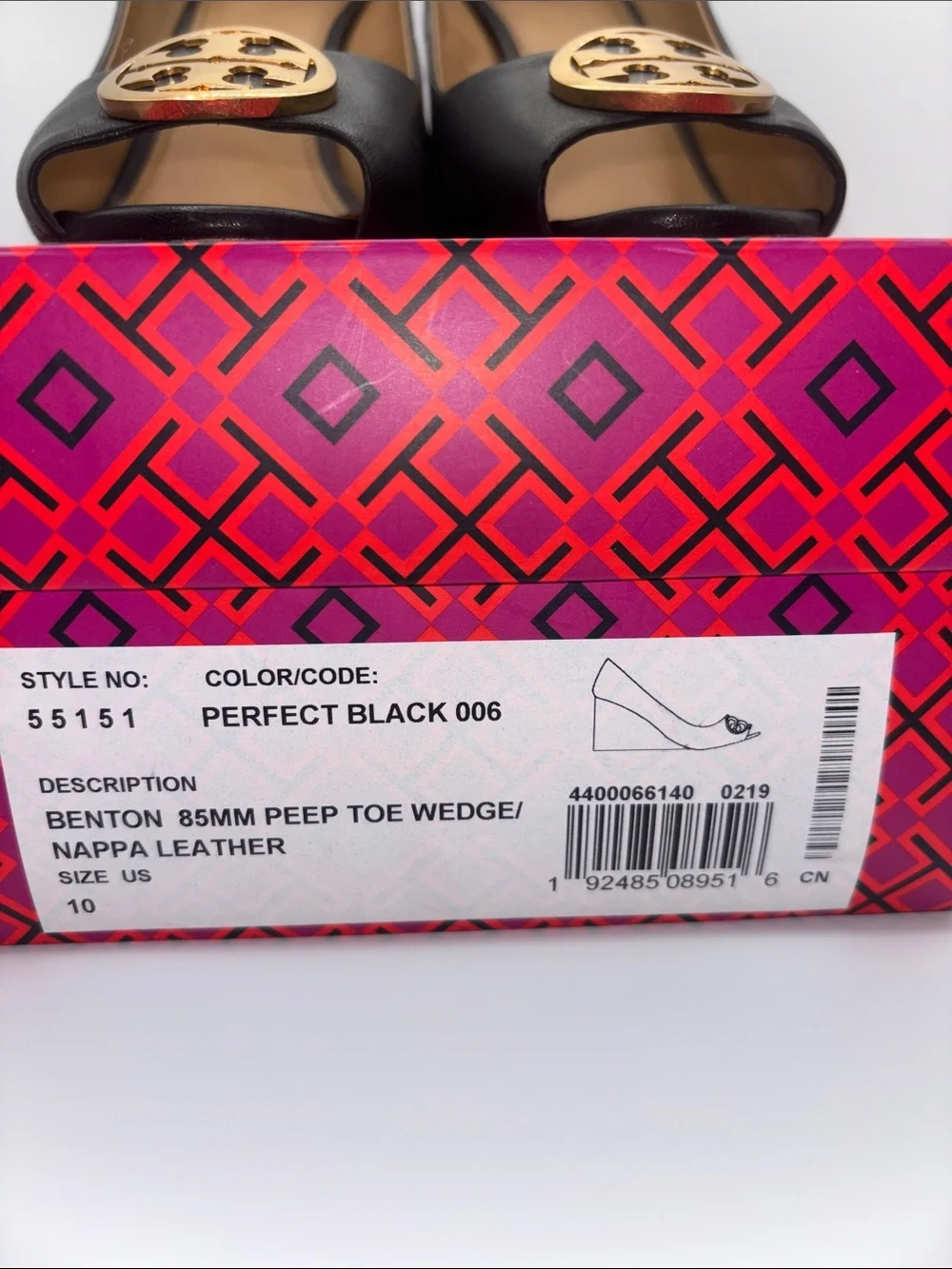 Tory Burch Black Leather Peep Toe Wedges with Gold Logo Medallion